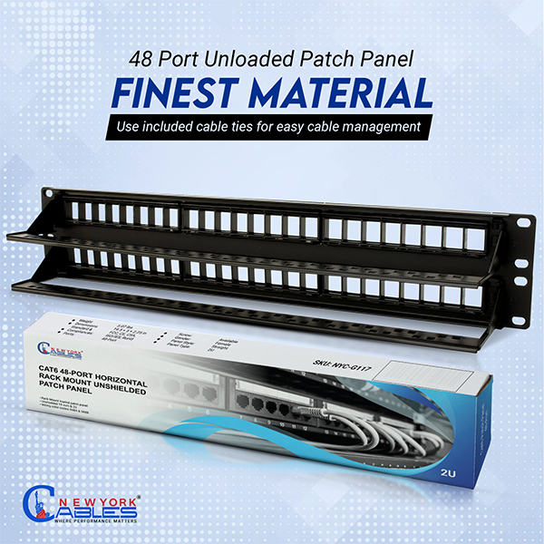 2U 48-Port Blank Patch Panel With Cable Management - Network Rack Mount Panel