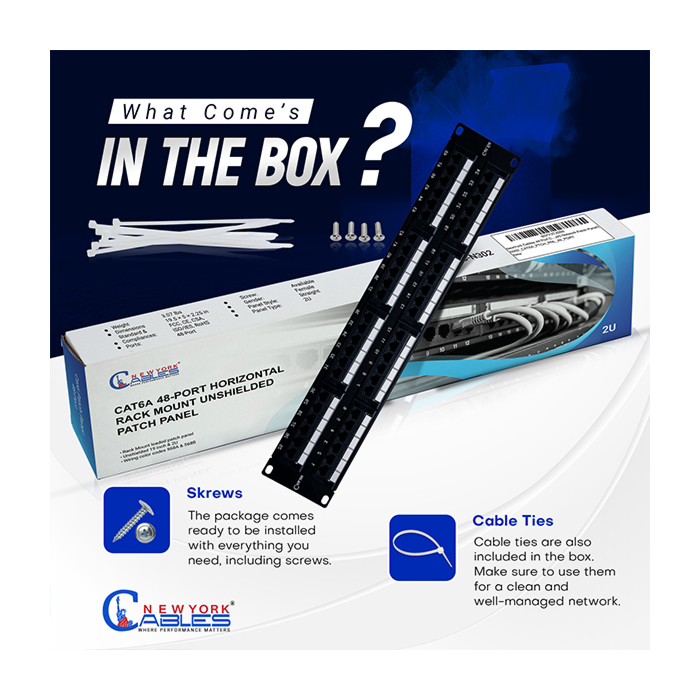 Cat6a Patch Panel 48-Port Unshielded Horizontal Rack Mount 2U