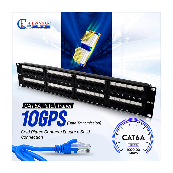 Cat6a Patch Panel 48-Port Unshielded Horizontal Rack Mount 2U