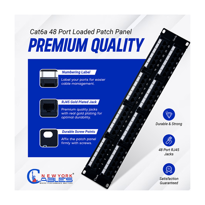 Cat6a Patch Panel 48-Port Unshielded Horizontal Rack Mount 2U