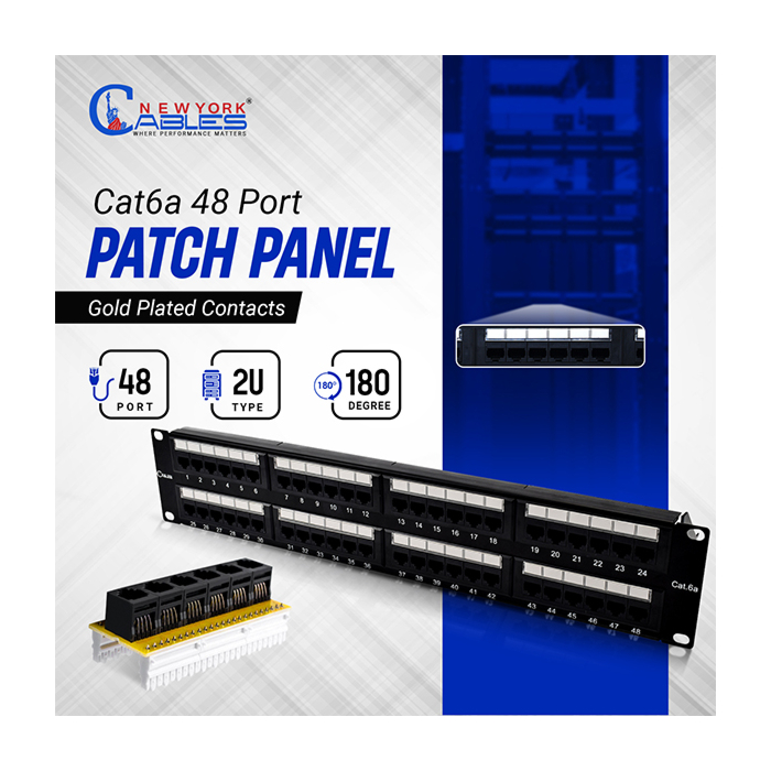 Cat6a Patch Panel 48-Port Unshielded Horizontal Rack Mount 2U