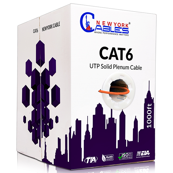 1000ft Cat6 Plenum CCA Cable UTP CMP Rated 23 AWG 550 MHz Pull BoxOrange
